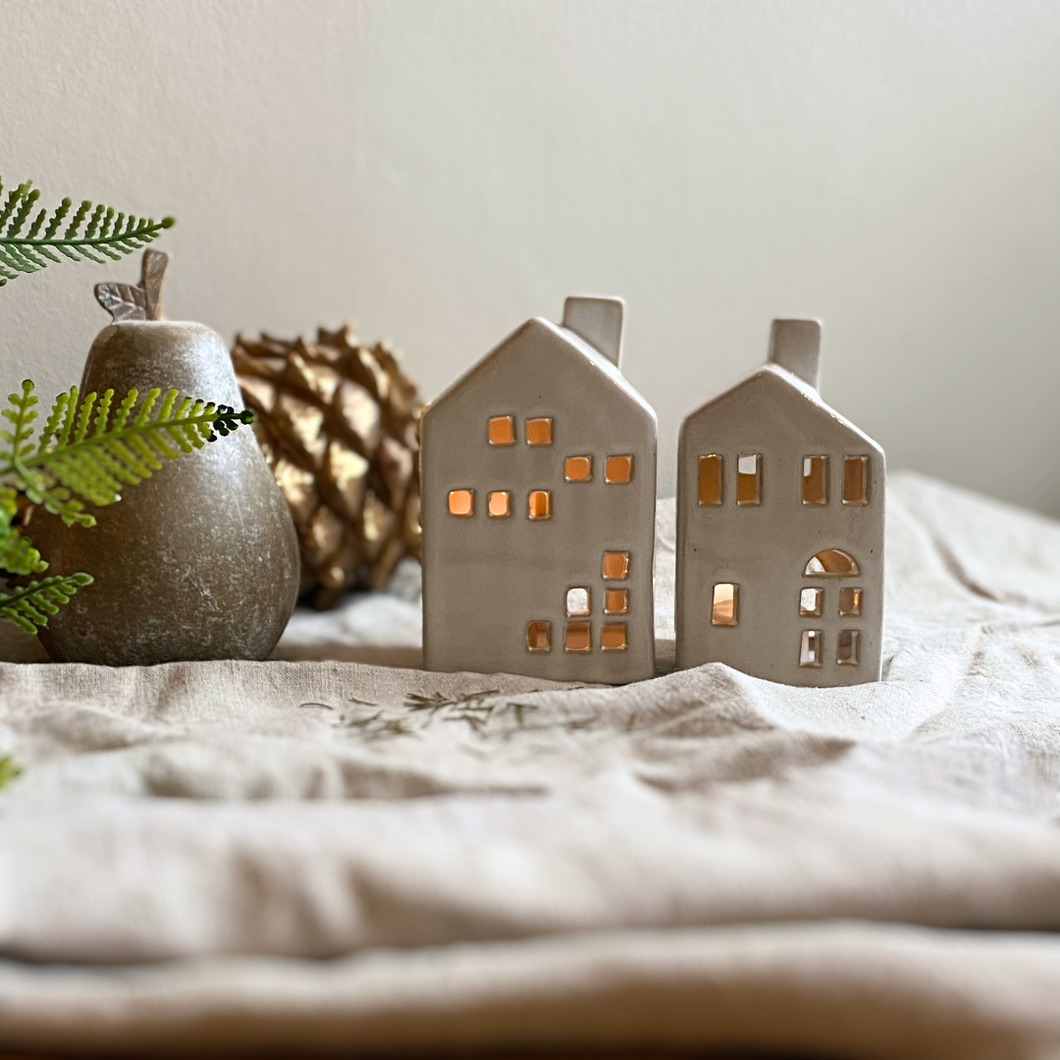 Natural Ceramic Village Houses, Set of Two